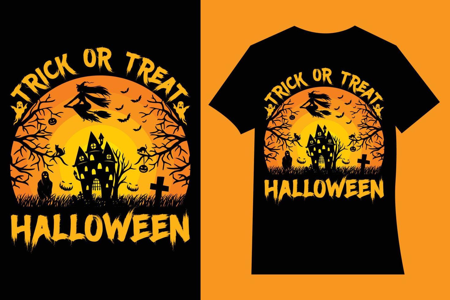 truc of traktatie, halloween t-shirt ontwerp, halloween, vector kunstwerk. vector tekenfilm stijl illustratie van pompoen, heks kat,