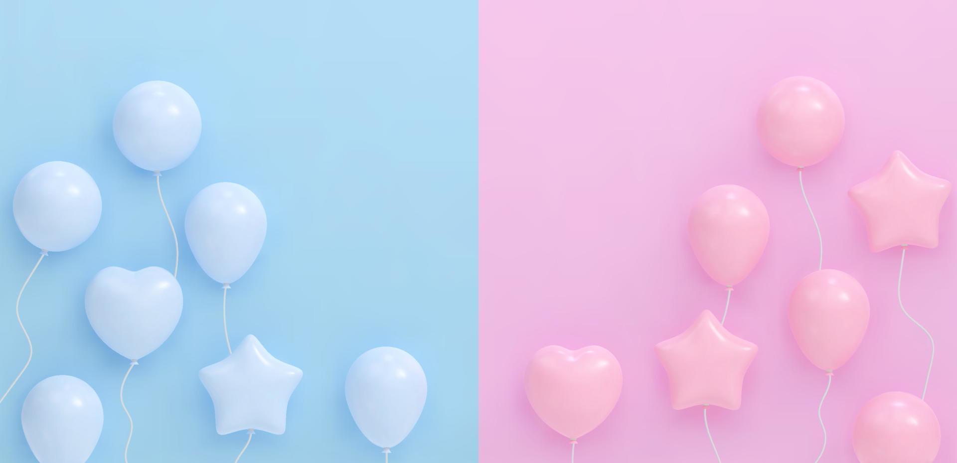 boeket, bundel van realistisch roze en blauw ballonnen vliegen. vector illustratie voor kaart, baby douche, geslacht onthullen partij uitnodiging, ontwerp, folder, poster, decor, banier, web, reclame