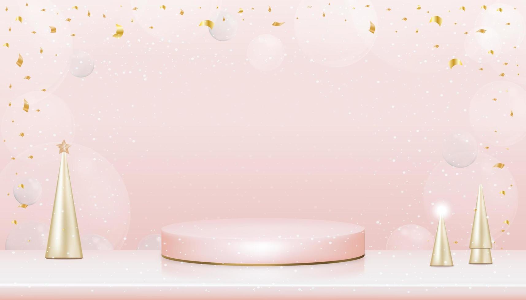 3d Scherm roze podium met goud conisch boom en goud elementen, vector vitrine voetstuk staan met sneeuwen Aan roze muur achtergrond,luxe ontwerp concept voor nieuw jaar, kerstmis kaart of winter uitverkoop