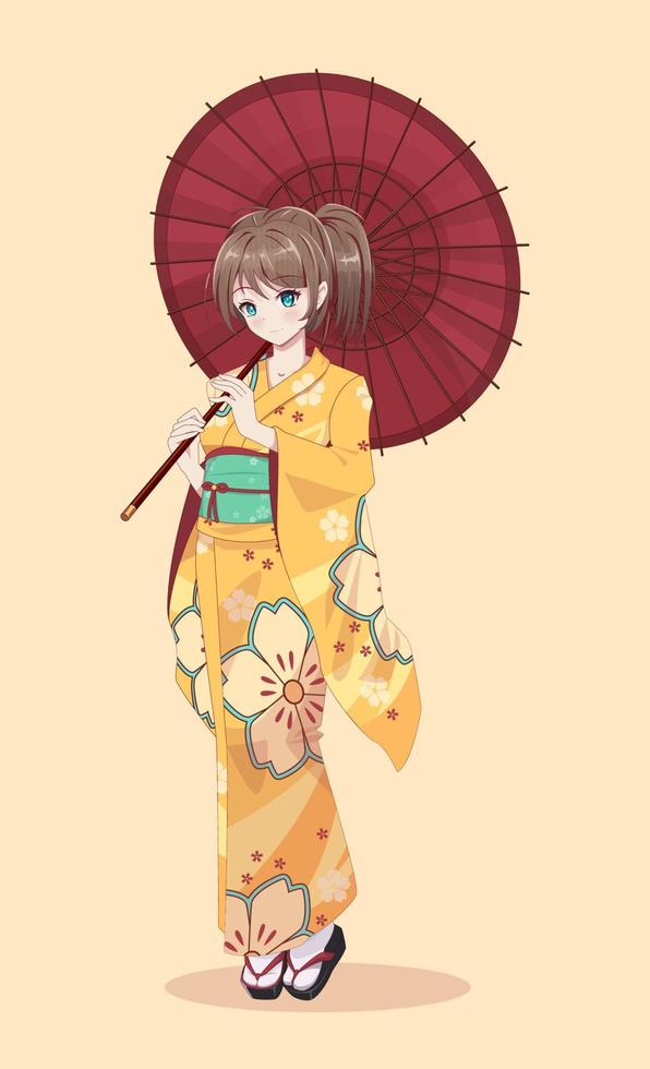 anime manga meisjes in traditioneel Japans kimono kostuum Holding papier paraplu. vector illustratie Aan geïsoleerd achtergrond