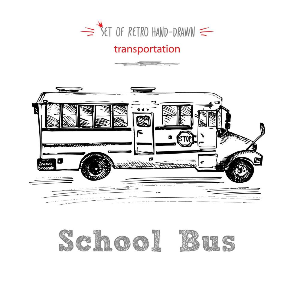 hand- getrokken school- bus symbool Aan wit achtergrond. met tekst school- bus. wijnoogst achtergrond. mooi zo idee voor schoolbord ontwerp vector