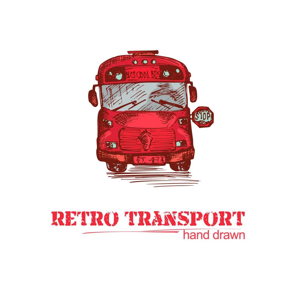 hand- getrokken rood retro bus geïsoleerd Aan wit achtergrond. wijnoogst vrachtauto in schetsen stijl. kunst ontwerp voor poster, vleier, spandoek. illustratie vector