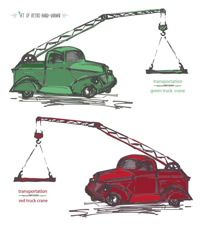 reeks van hand getekend rood en geel vrachtauto kranen. inkt borstel schetsen vector