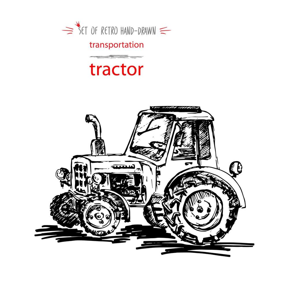 hand getekend wijnoogst vervoer tractor. snel inkt schetsen. vector zwart illustratie geïsoleerd Aan wit achtergrond