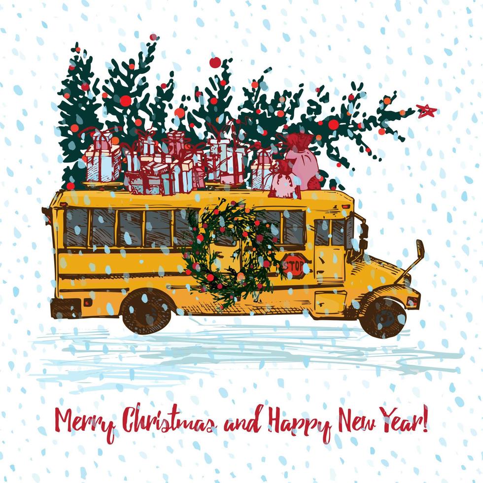 feestelijk Kerstmis kaart. geel school- bus met Spar boom versierd rood ballen en cadeaus Aan dak. wit besneeuwd naadloos achtergrond en tekst vrolijk kerstmis. vector