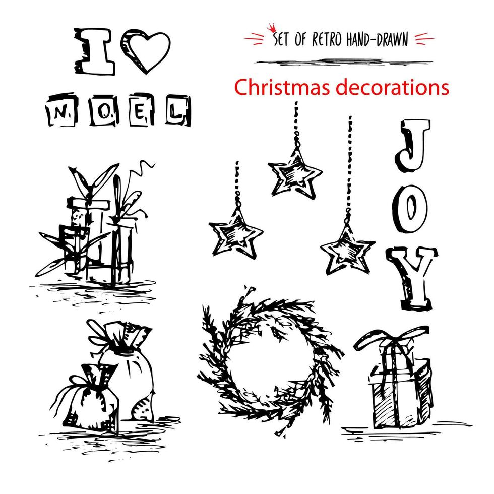 winter vakantie set, vrolijk Kerstmis decoratie schetsen inkt hand- getrokken stijl. geïsoleerd Aan wit achtergrond voor nieuw jaar of Kerstmis ontwerp, banier, guirlande, ansichtkaart, ornament vector