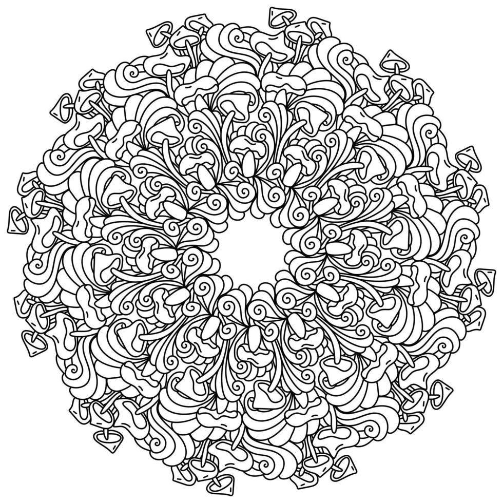 symmetrisch mandala van divers champignons en patronen, kleur bladzijde in de het formulier van een cirkel met natuurlijk en fantasie motieven vector