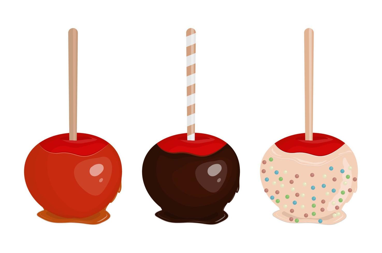 geglazuurd appels set. een appel in karamel, in chocola, met een bestrooi van suiker. vector