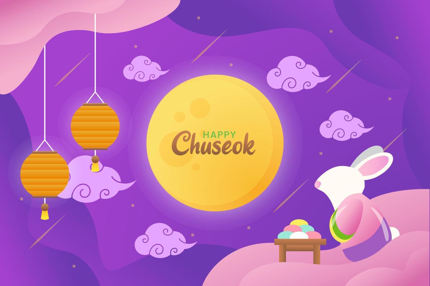 illustratie van gelukkig chuseok met schattig konijn staren naar de maan met lantaarns en taart vector