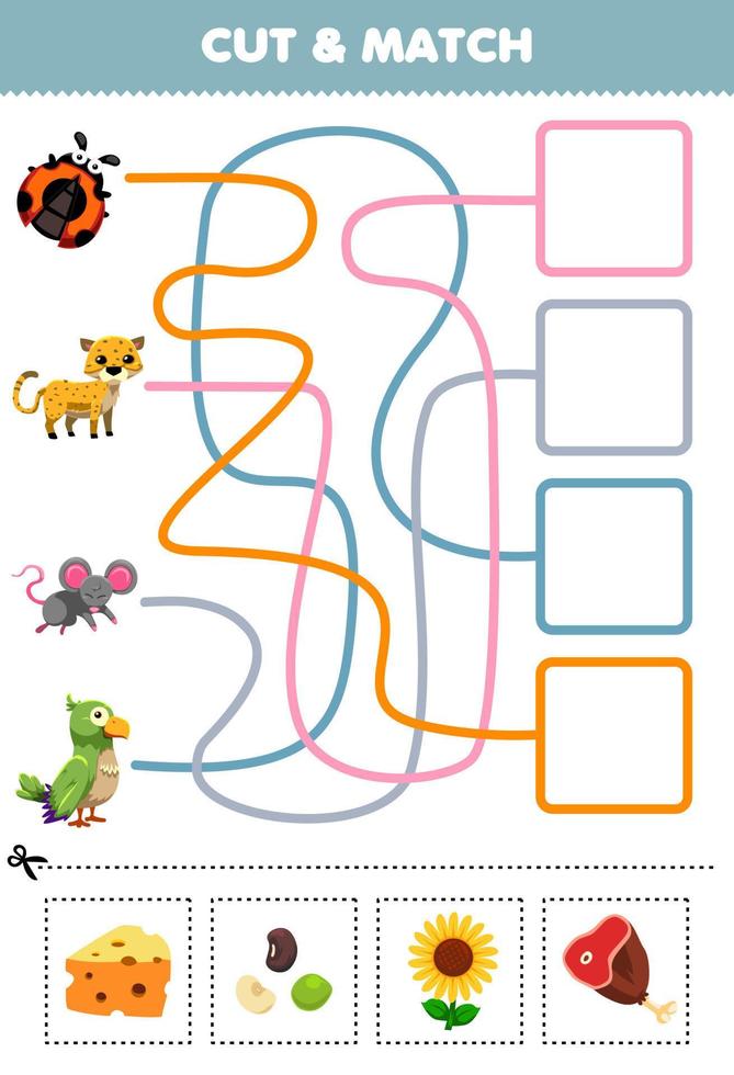 onderwijs spel voor kinderen besnoeiing en bij elkaar passen de correct voedsel voor schattig tekenfilm lieveheersbeestje Jachtluipaard muis parkiet afdrukbare werkblad vector