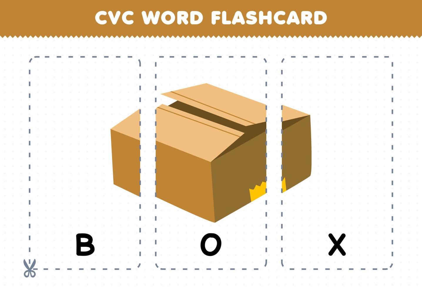 onderwijs spel voor kinderen aan het leren medeklinker klinker medeklinker woord met schattig tekenfilm doos illustratie afdrukbare geheugenkaart vector