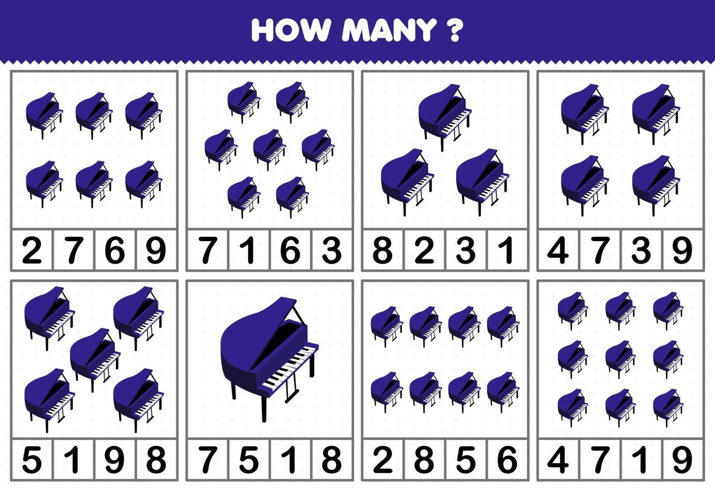 onderwijs spel voor kinderen tellen hoe veel voorwerpen in elk tafel van tekenfilm muziek- instrument piano afdrukbare werkblad vector