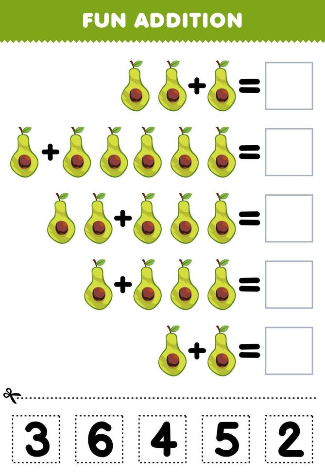 onderwijs spel voor kinderen pret toevoeging door besnoeiing en bij elkaar passen correct aantal voor tekenfilm avocado fruit afdrukbare werkblad vector