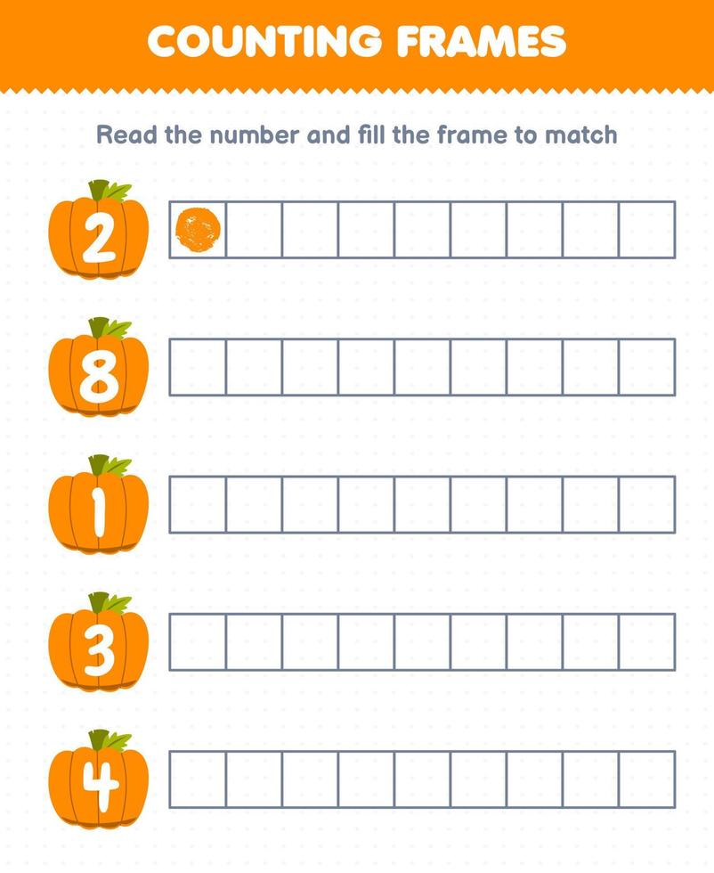 leerzaam spel voor kinderen lezen de aantal en vullen de kaders van schattig tekenfilm oranje pompoen halloween afdrukbare werkblad vector