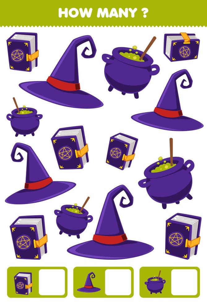 onderwijs spel voor kinderen zoeken en tellen hoe veel voorwerpen van schattig tekenfilm tovenaar hoed spellen boek ketel halloween afdrukbare werkblad vector