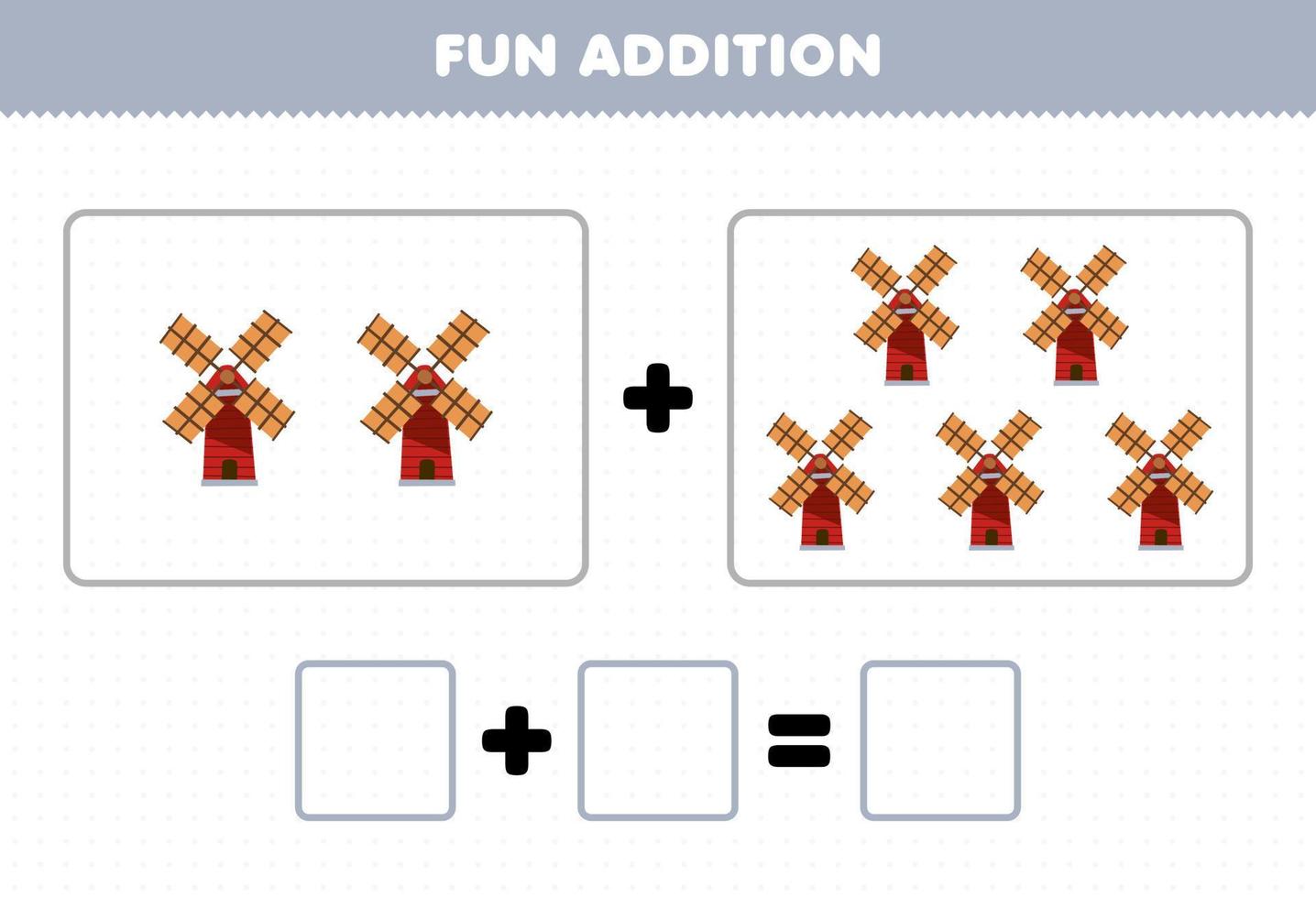 onderwijs spel voor kinderen pret toevoeging door tellen schattig tekenfilm windmolen afbeeldingen afdrukbare boerderij werkblad vector