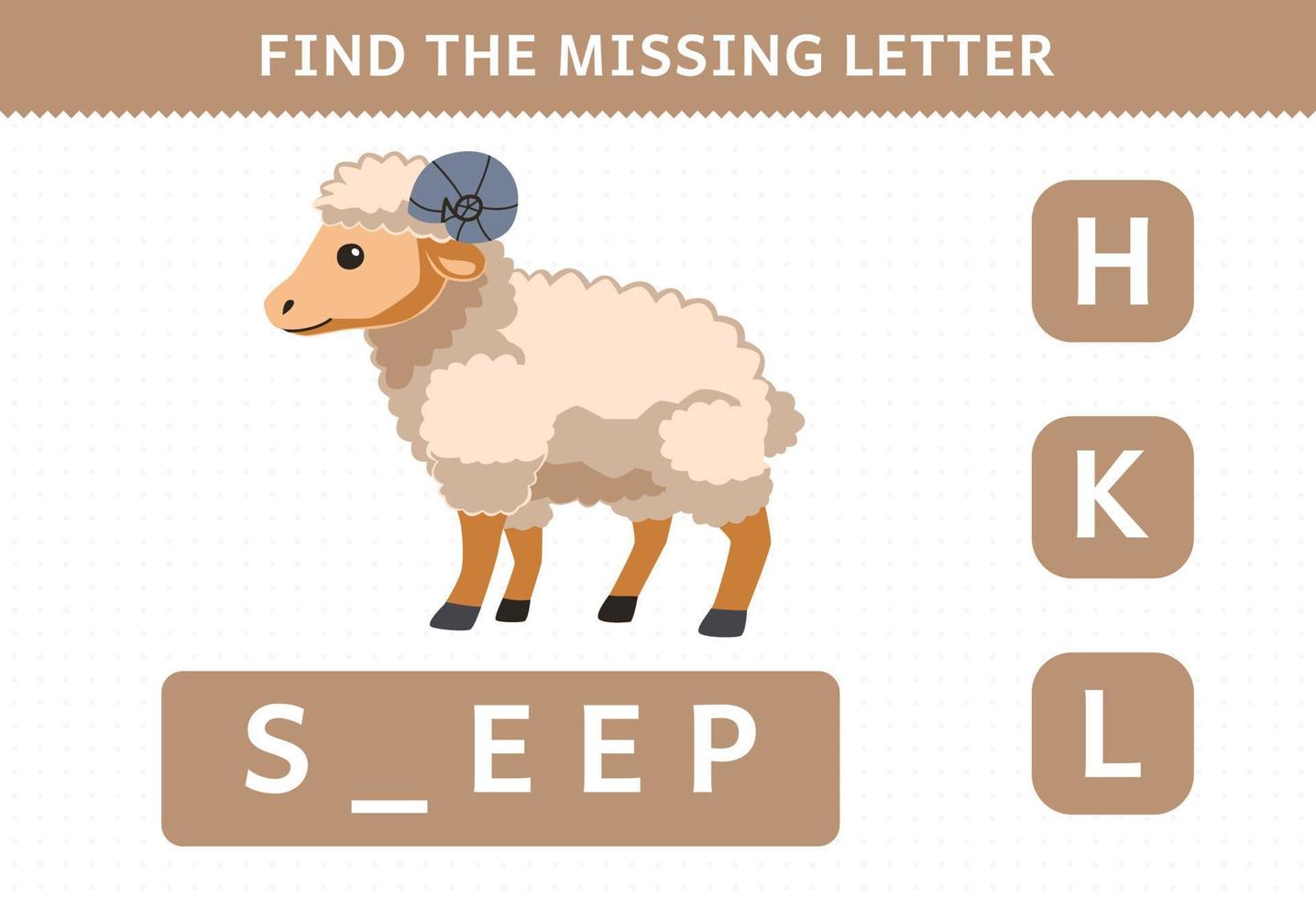 onderwijs spel voor kinderen vind missend brief van schattig tekenfilm schapen afdrukbare boerderij werkblad vector