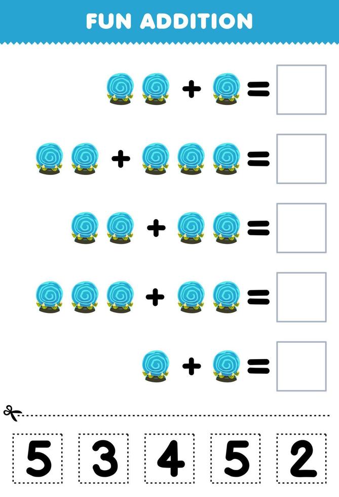 onderwijs spel voor kinderen pret toevoeging door besnoeiing en bij elkaar passen correct aantal voor schattig tekenfilm blauw magie bol halloween afdrukbare werkblad vector