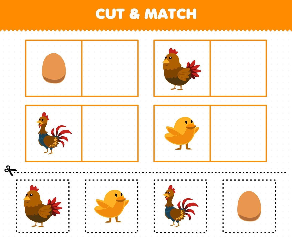 onderwijs spel voor kinderen besnoeiing en bij elkaar passen de dezelfde afbeelding van schattig tekenfilm ei kip kip kuiken haan afdrukbare boerderij werkblad vector