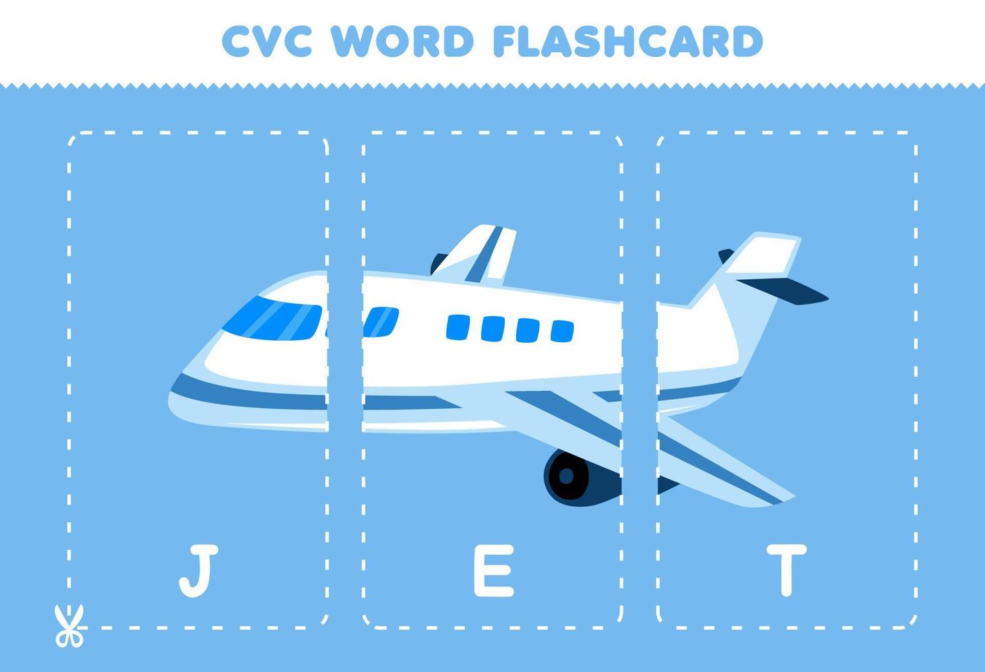 onderwijs spel voor kinderen aan het leren medeklinker klinker medeklinker woord met schattig tekenfilm Jet illustratie afdrukbare geheugenkaart vector