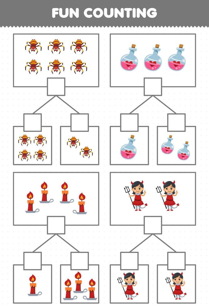 onderwijs spel voor kinderen pret tellen afbeelding in elk doos van schattig tekenfilm spin toverdrank fles kaars duivel meisje kostuum halloween afdrukbare werkblad vector
