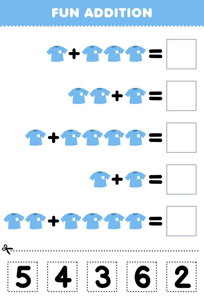 onderwijs spel voor kinderen pret toevoeging door besnoeiing en bij elkaar passen correct aantal voor tekenfilm draagbaar kleren blauw t overhemd afdrukbare werkblad vector
