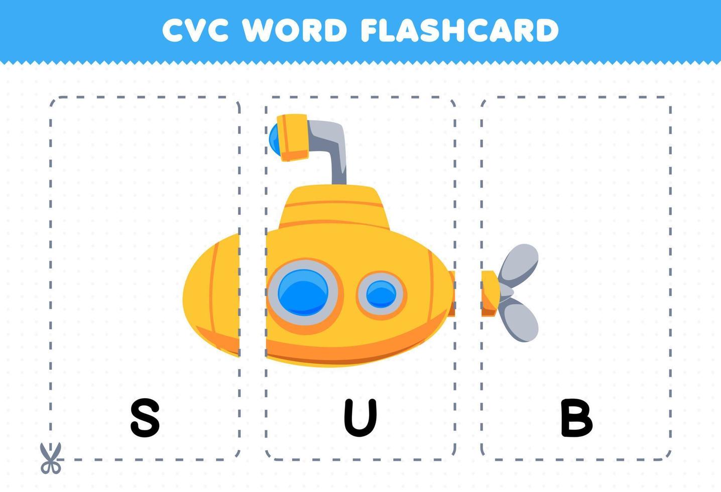 onderwijs spel voor kinderen aan het leren medeklinker klinker medeklinker woord met schattig tekenfilm sub marinier illustratie afdrukbare geheugenkaart vector