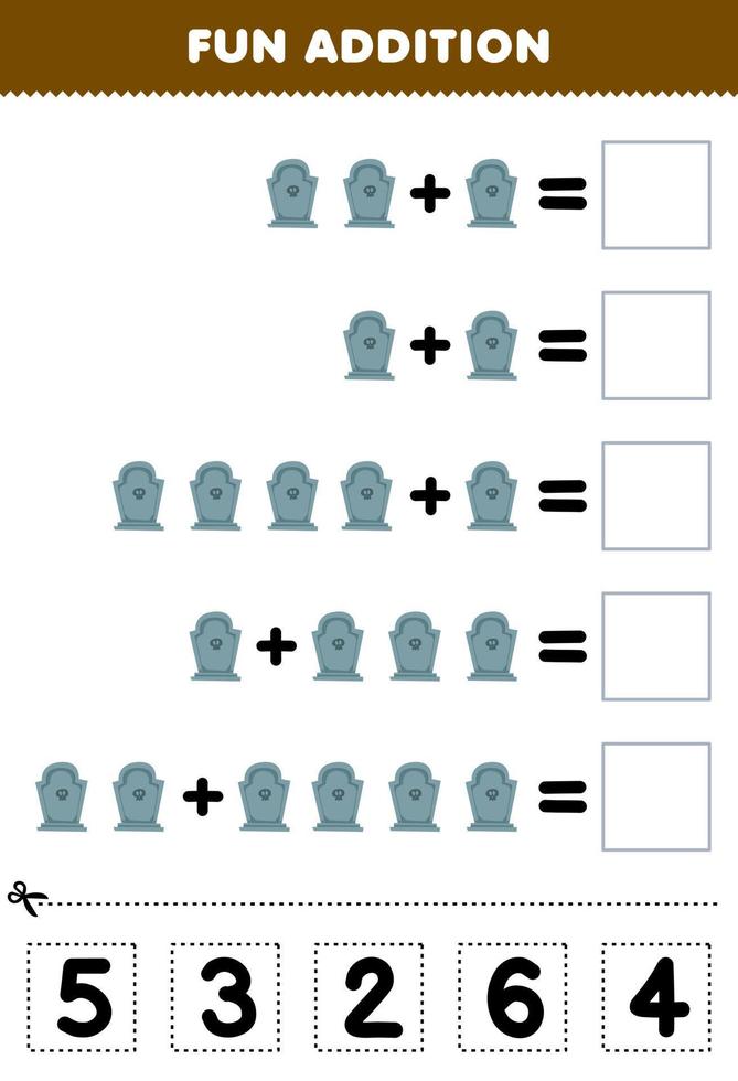 onderwijs spel voor kinderen pret toevoeging door besnoeiing en bij elkaar passen correct aantal voor schattig tekenfilm grafsteen halloween afdrukbare werkblad vector