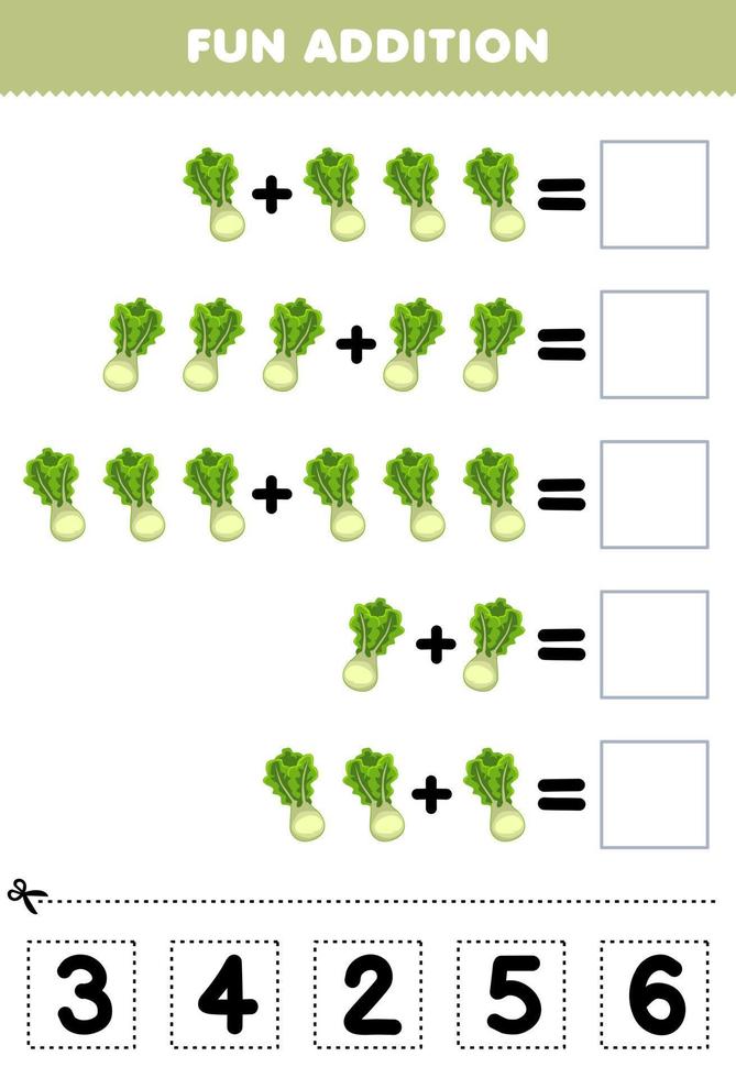 onderwijs spel voor kinderen pret toevoeging door besnoeiing en bij elkaar passen correct aantal voor tekenfilm sla groente afdrukbare werkblad vector