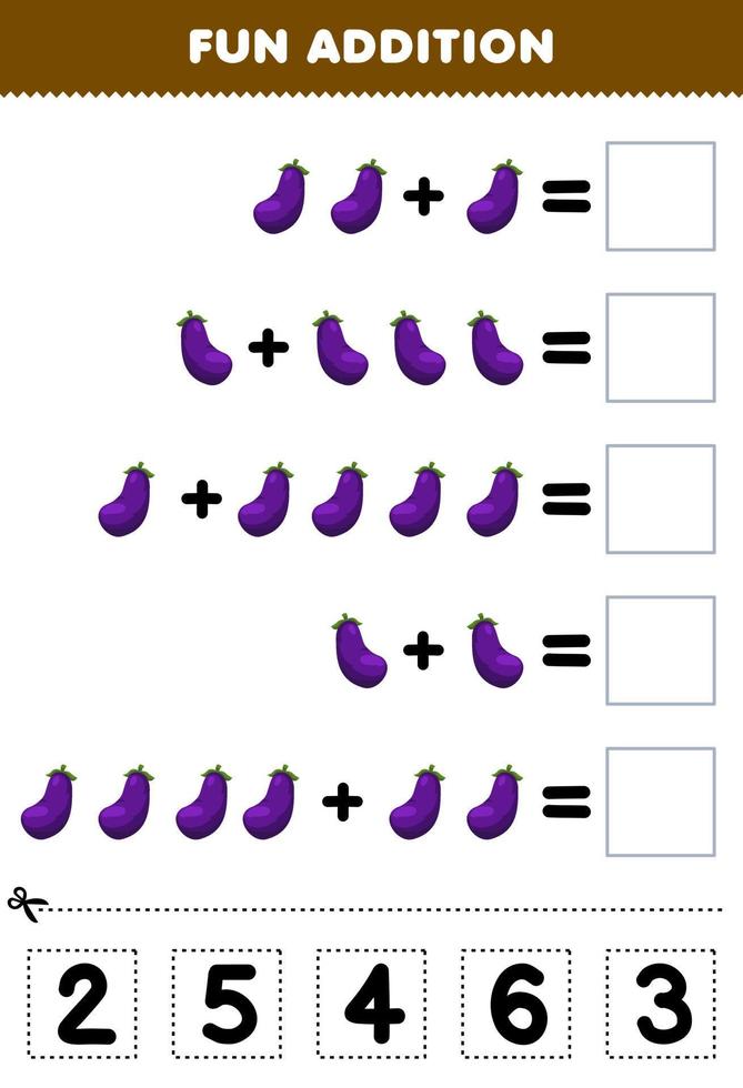 onderwijs spel voor kinderen pret toevoeging door besnoeiing en bij elkaar passen correct aantal voor tekenfilm aubergine groente afdrukbare werkblad vector