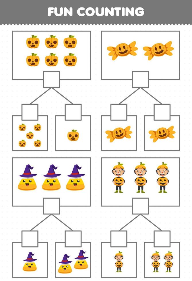 onderwijs spel voor kinderen pret tellen afbeelding in elk doos van schattig tekenfilm maïs snoep pompoen jongen kostuum halloween afdrukbare werkblad vector