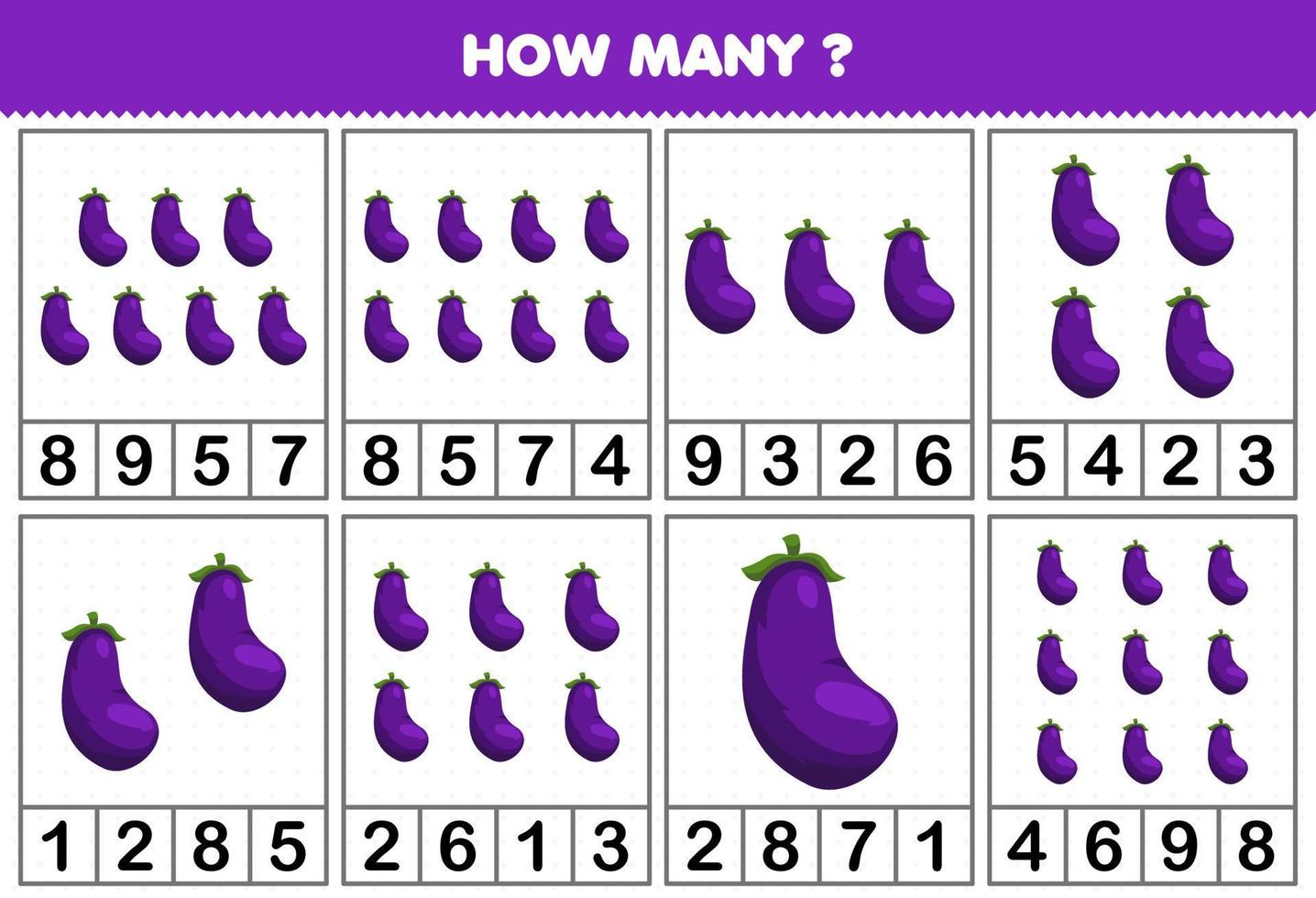 onderwijs spel voor kinderen tellen hoe veel voorwerpen in elk tafel van schattig tekenfilm aubergine groente afdrukbare werkblad vector