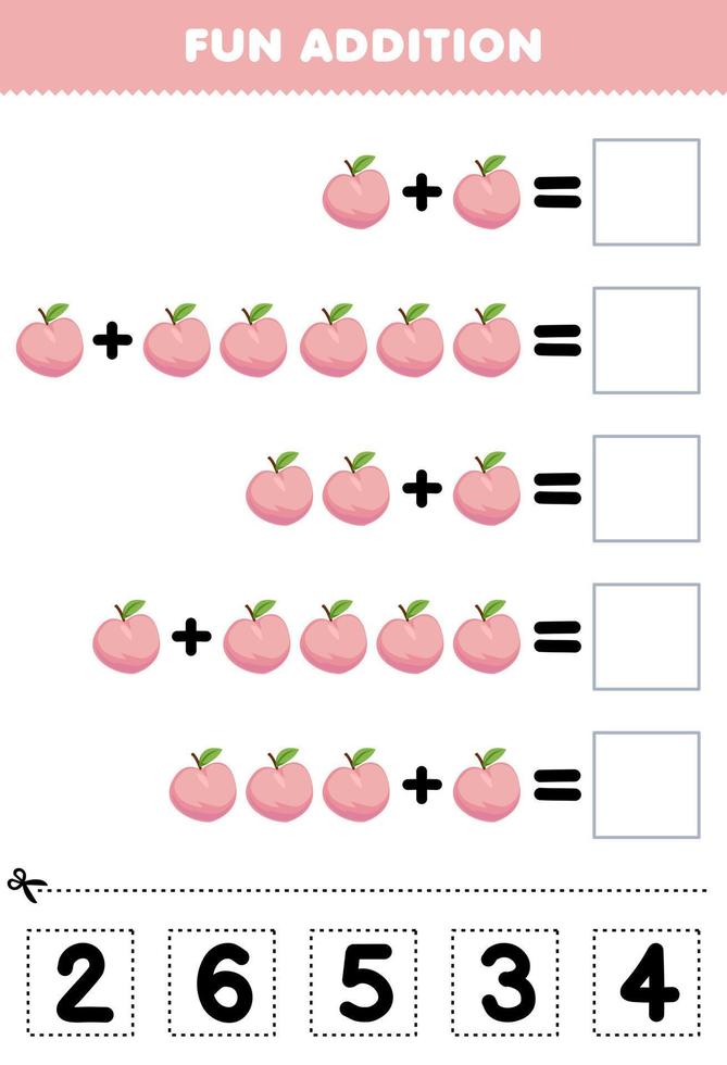 onderwijs spel voor kinderen pret toevoeging door besnoeiing en bij elkaar passen correct aantal voor tekenfilm perzik fruit afdrukbare werkblad vector
