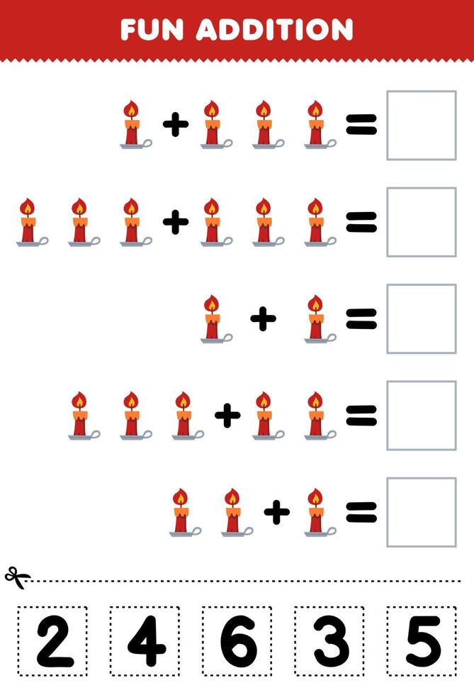 onderwijs spel voor kinderen pret toevoeging door besnoeiing en bij elkaar passen correct aantal voor schattig tekenfilm rood kaars halloween afdrukbare werkblad vector