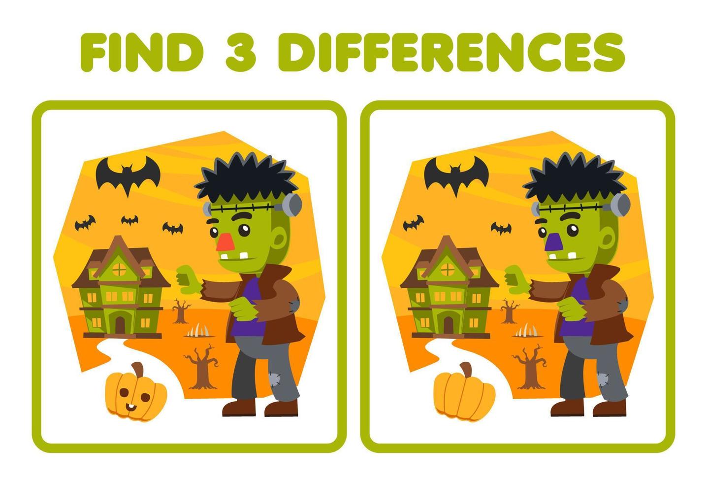 onderwijs spel voor kinderen vind drie verschillen tussen twee schattig tekenfilm frankenstein kostuum halloween afdrukbare werkblad vector