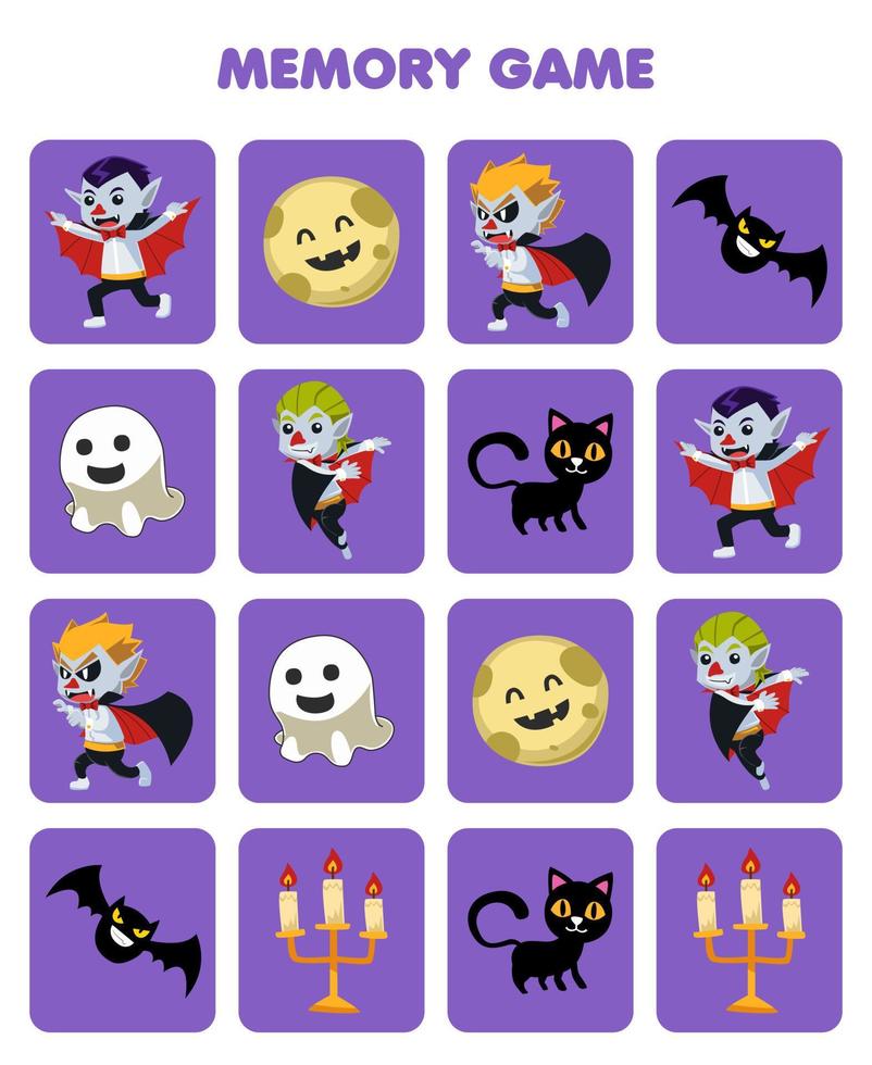 onderwijs spel voor kinderen geheugen naar vind vergelijkbaar afbeeldingen van schattig tekenfilm geest maan knuppel kat kaars dracula kostuum halloween afdrukbare werkblad vector