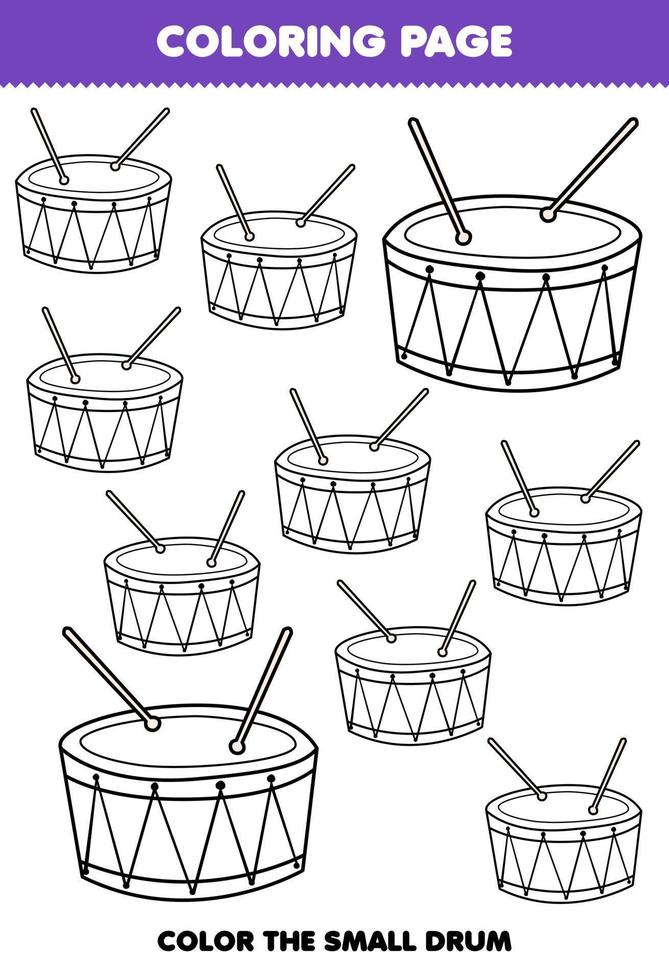 onderwijs spel voor kinderen kleur bladzijde groot of klein afbeelding van muziek- instrument trommel afdrukbare werkblad vector