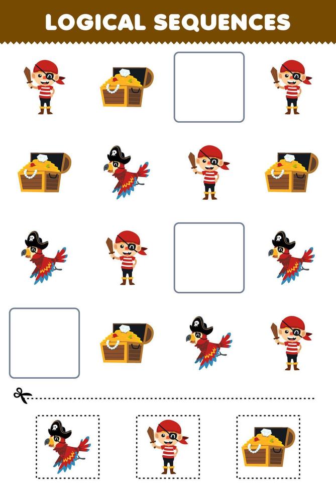 onderwijs spel voor kinderen logisch opeenvolgingen voor kinderen met schattig tekenfilm schat borst papegaai piraat jongen kostuum afbeelding halloween afdrukbare werkblad vector