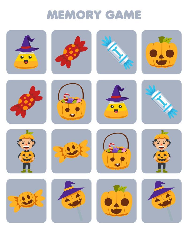 onderwijs spel voor kinderen geheugen naar vind vergelijkbaar afbeeldingen van schattig tekenfilm maïs snoep pompoen jongen kostuum halloween afdrukbare werkblad vector