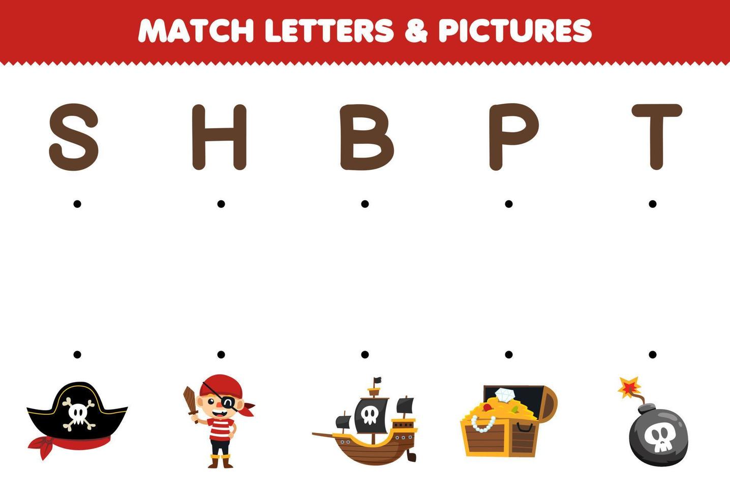 onderwijs spel voor kinderen bij elkaar passen brieven en afbeeldingen van schattig tekenfilm hoed piraat schip schat borst bom halloween afdrukbare werkblad vector