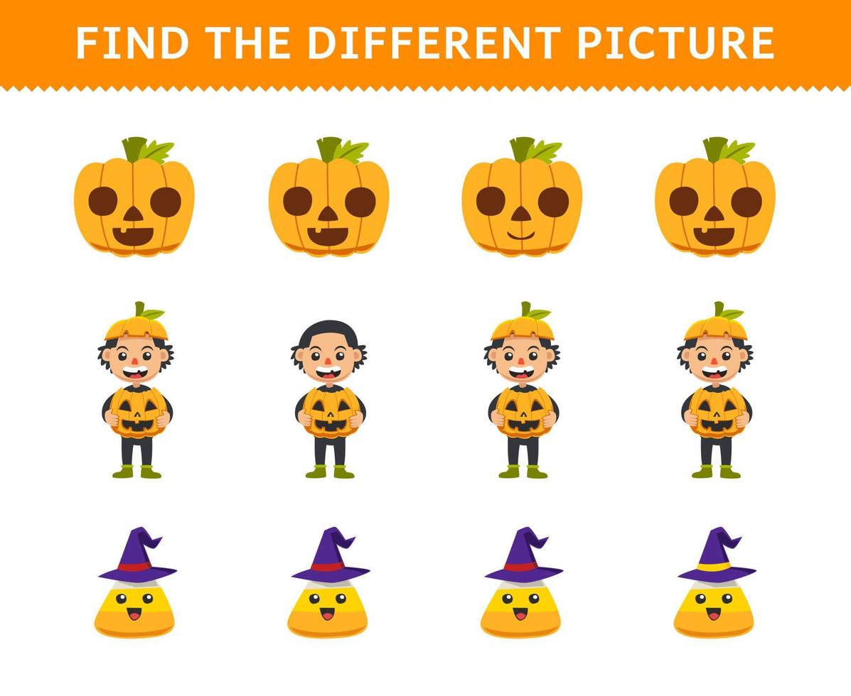 onderwijs spel voor kinderen vind de verschillend afbeelding in elk rij van schattig tekenfilm pompoen jongen kostuum maïs snoep halloween afdrukbare werkblad vector