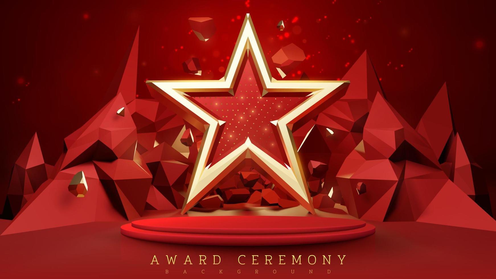 rood prijs ceremonie achtergrond met 3d luxe goud ster en Product Scherm podium elementen met schitteren licht effect decoratie en bokeh. vector