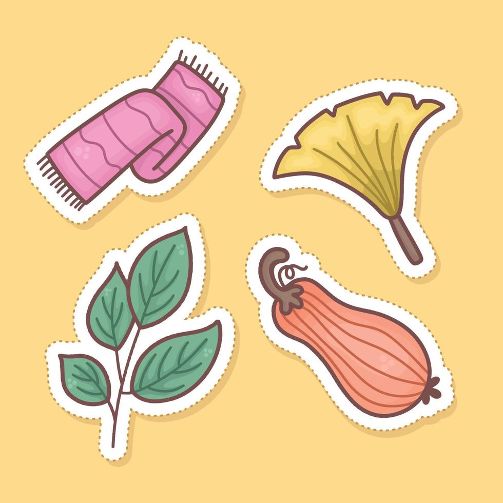 reeks van herfst stickers element, sjaal, bladeren, pompoen vector