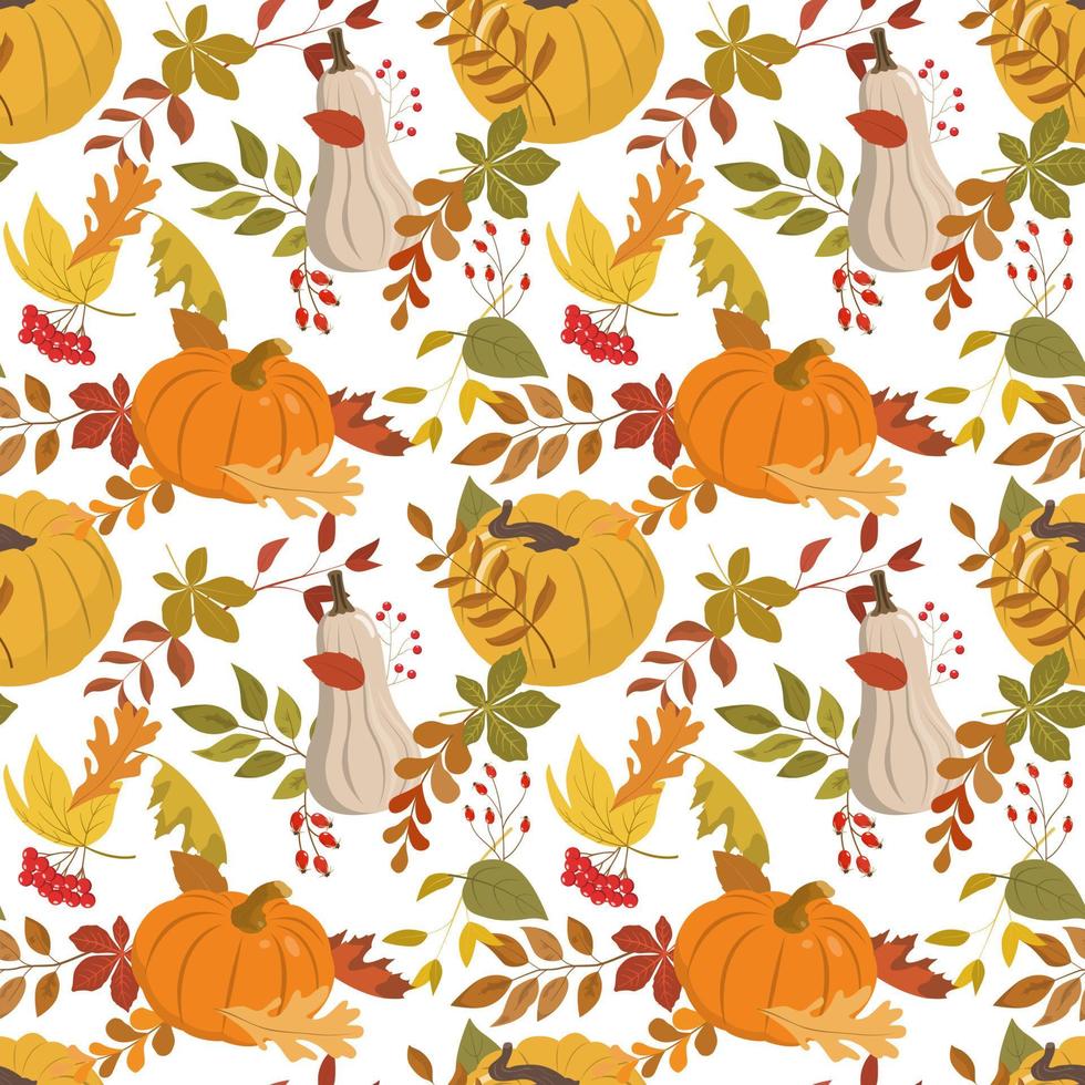 vector herfst naadloos patroon met oranje, beige en geel pompoenen, Woud bladeren en rood bessen. geïsoleerd Aan wit achtergrond. herfst oogst illustratie. dankzegging behang.
