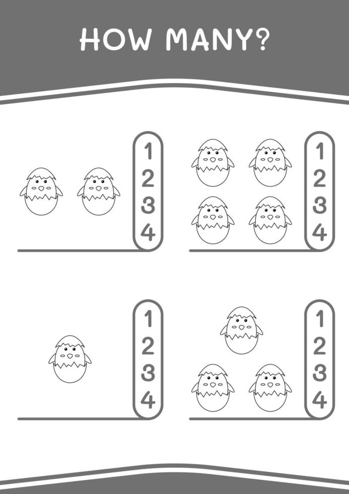 hoeveel van kuiken, spel voor kinderen. vectorillustratie, afdrukbaar werkblad vector