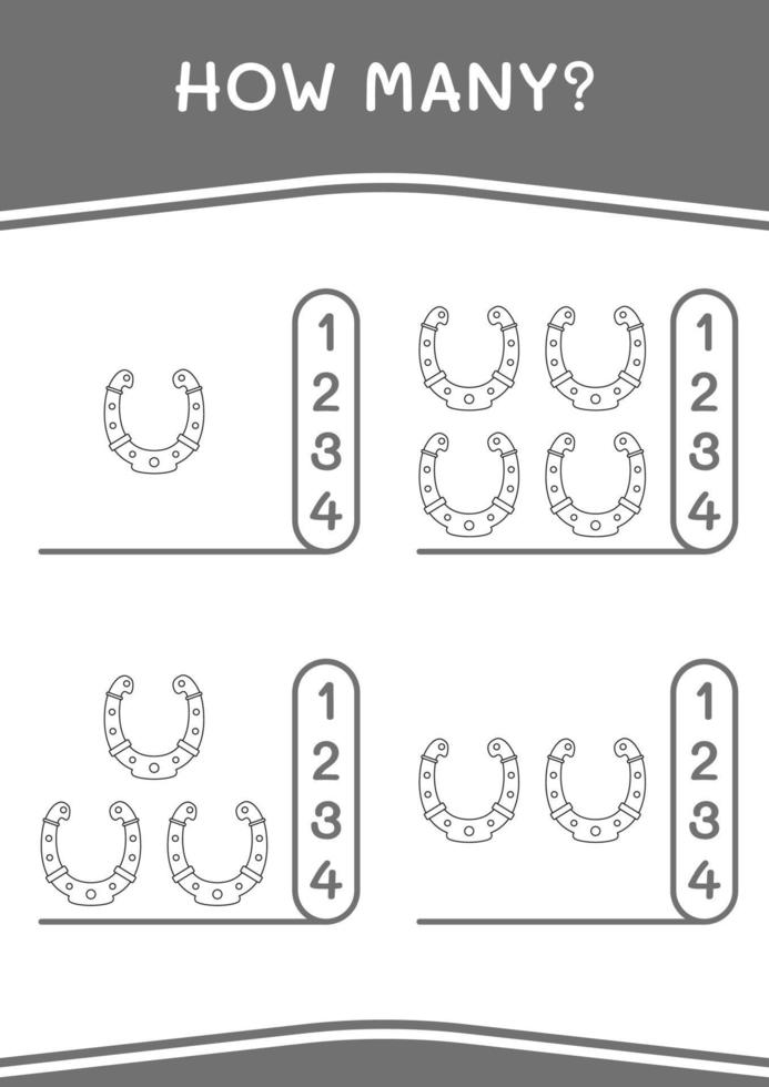 hoeveel hoefijzer, spel voor kinderen. vectorillustratie, afdrukbaar werkblad vector
