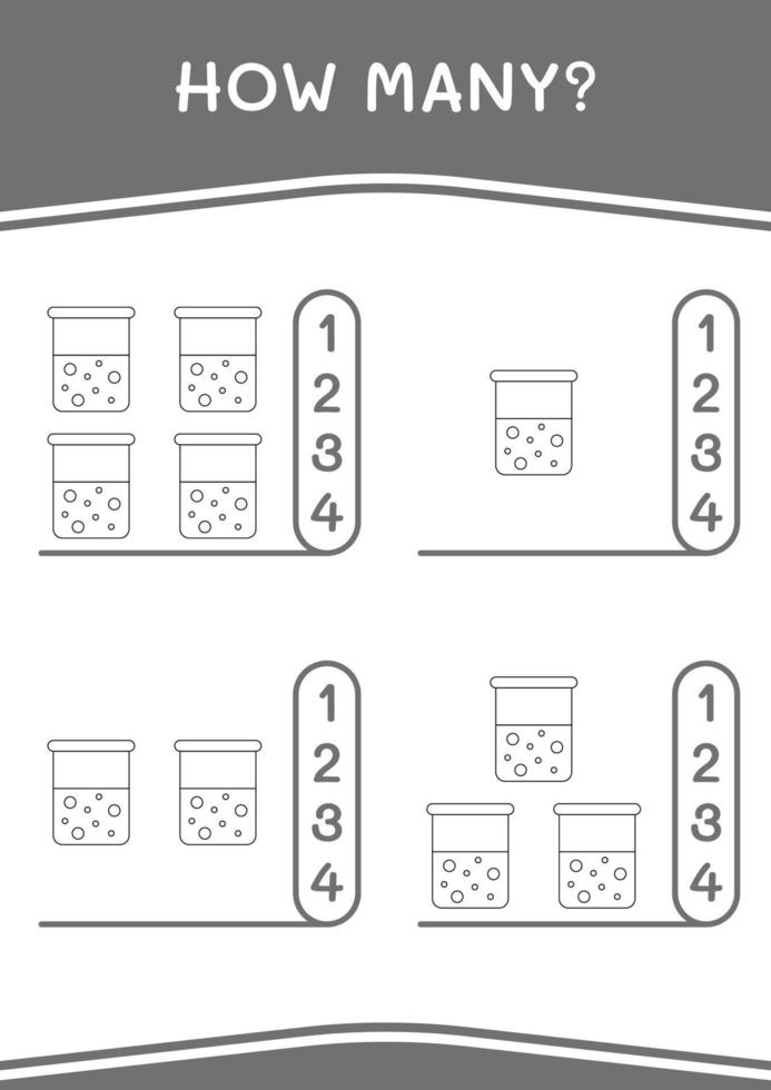 hoeveel scheikunde kolf, spel voor kinderen. vectorillustratie, afdrukbaar werkblad vector