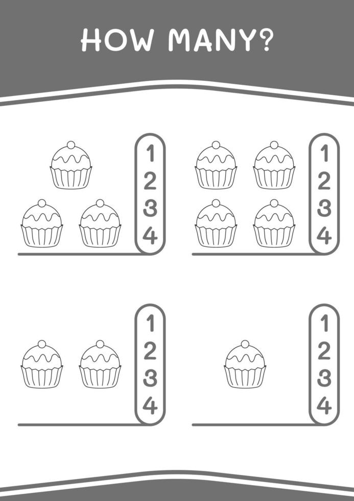 hoeveel van cupcake, spel voor kinderen. vectorillustratie, afdrukbaar werkblad vector