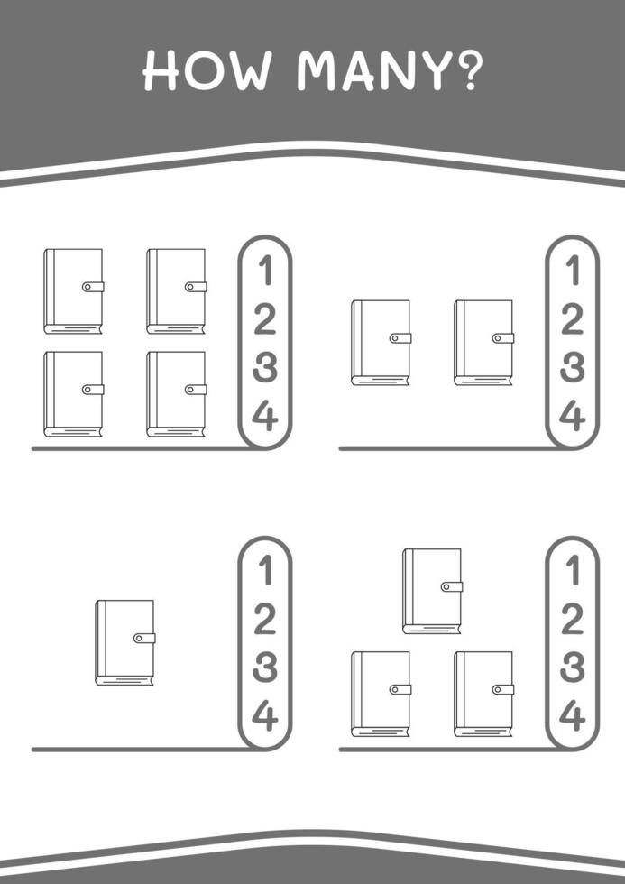hoeveel van notebook, spel voor kinderen. vectorillustratie, afdrukbaar werkblad vector