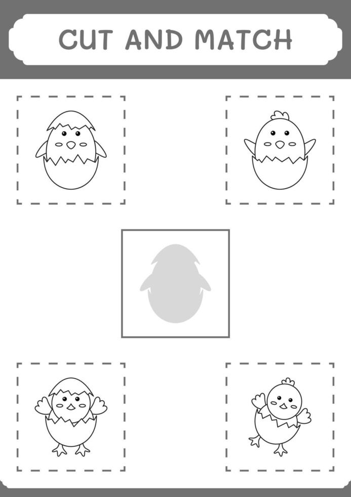knip en match delen van kuiken, spel voor kinderen. vectorillustratie, afdrukbaar werkblad vector